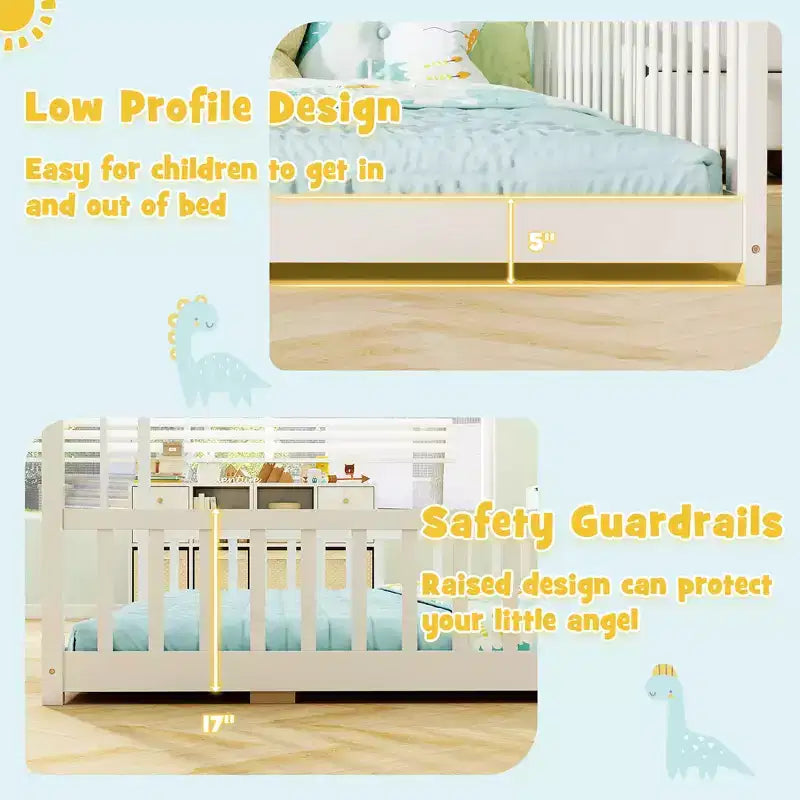 Costway Double Floor Bed w/ Safety Guardrails No Box Spring Needed for Teens Boys Girls White