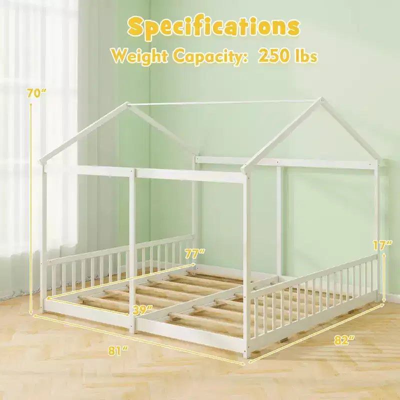 Costway Double Floor Bed w/ Safety Guardrails No Box Spring Needed for Teens Boys Girls White