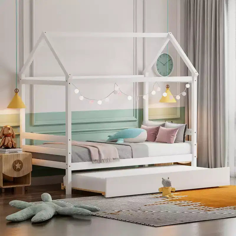 Costway Twin House Bed Frame w/ Trundle Roof Wooden Platform Mattress Foundation