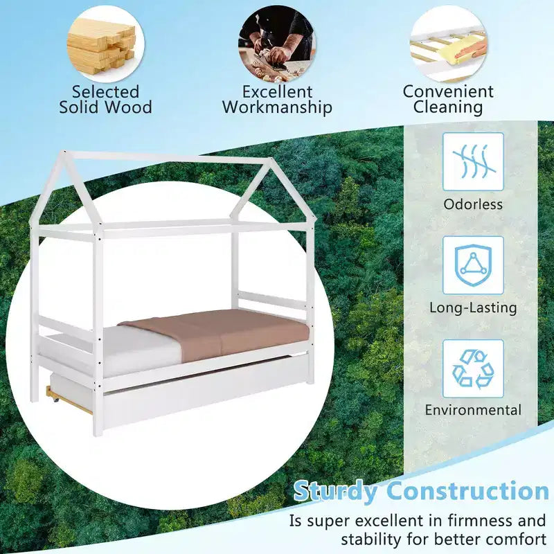 Costway Twin House Bed Frame w/ Trundle Roof Wooden Platform Mattress Foundation