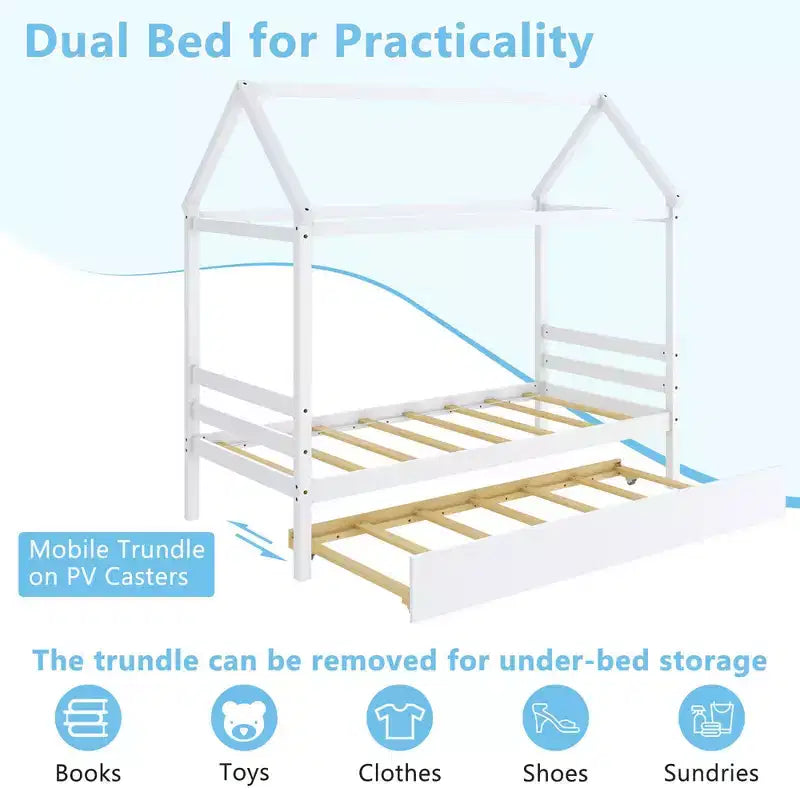 Costway Twin House Bed Frame w/ Trundle Roof Wooden Platform Mattress Foundation