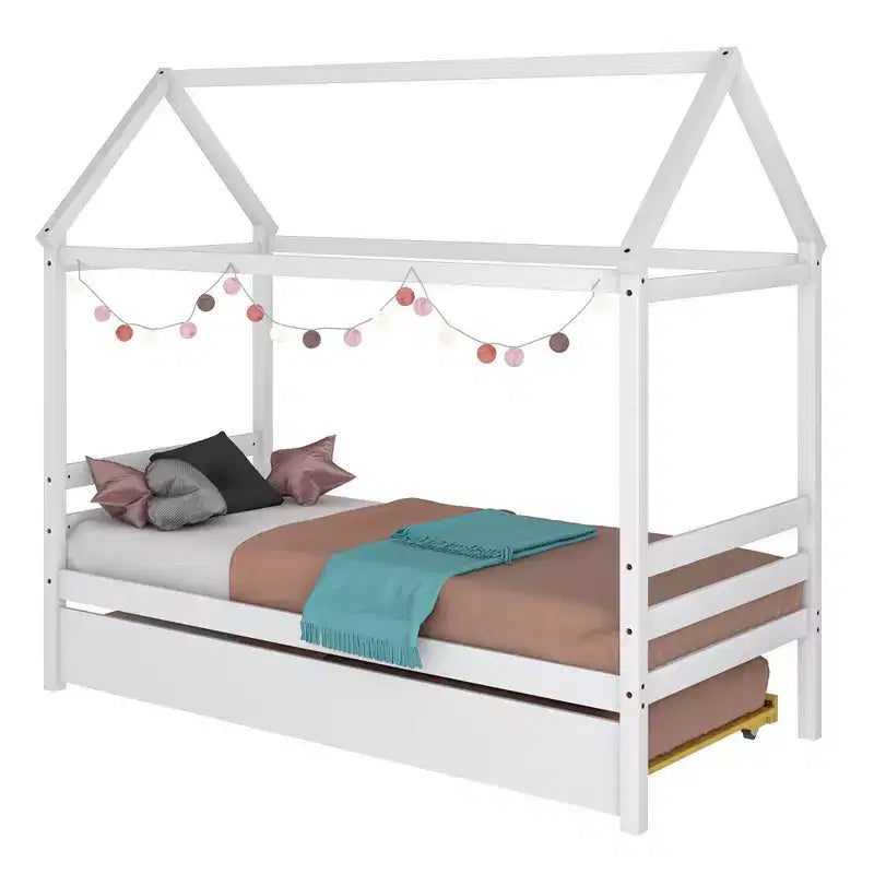 Costway Twin House Bed Frame w/ Trundle Roof Wooden Platform Mattress Foundation