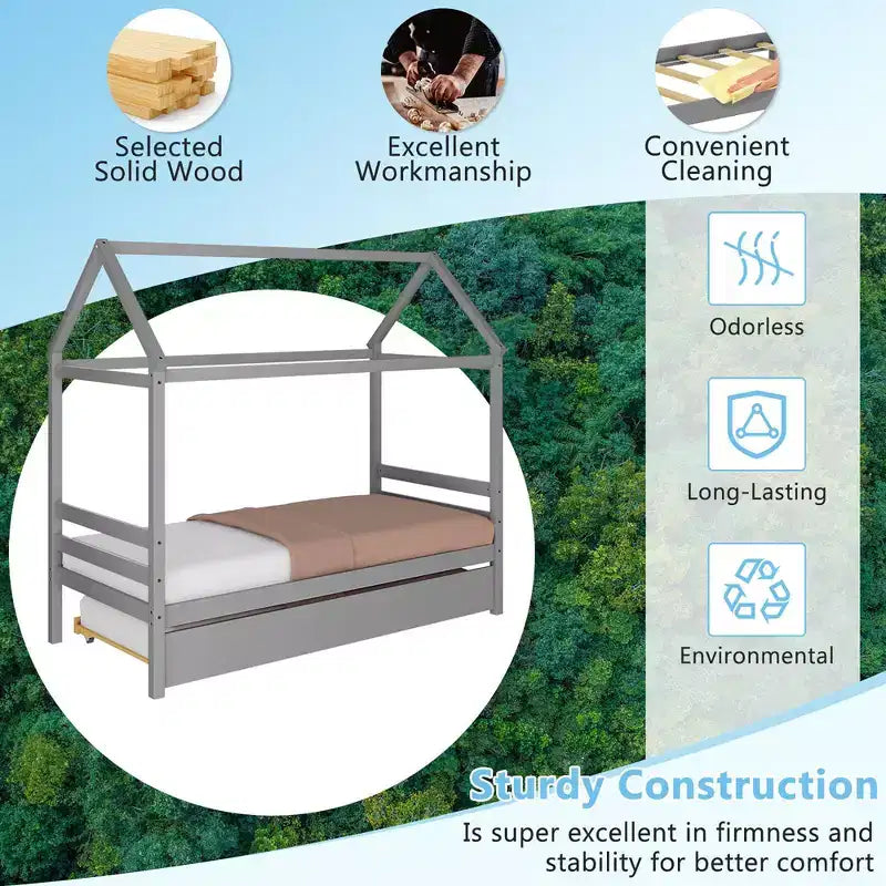 Costway Twin House Bed Frame w/ Trundle Roof Wooden Platform Mattress Foundation