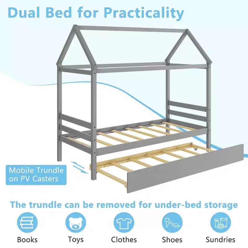 Costway Twin House Bed Frame w/ Trundle Roof Wooden Platform Mattress Foundation