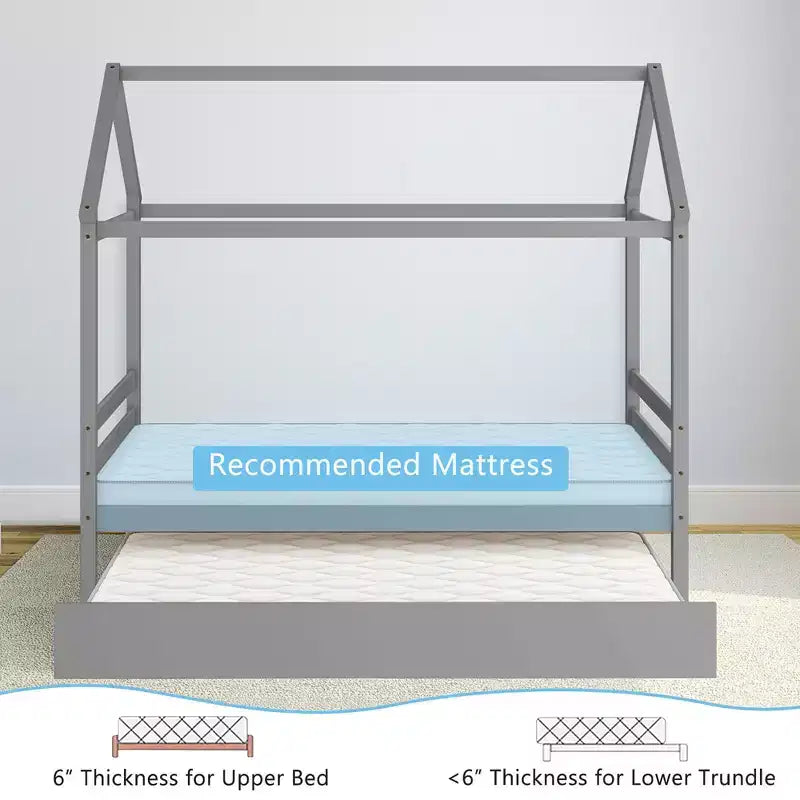 Costway Twin House Bed Frame w/ Trundle Roof Wooden Platform Mattress Foundation