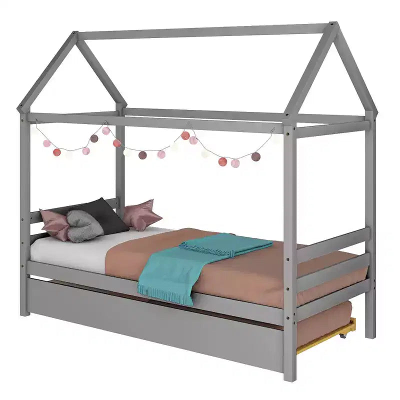 Costway Twin House Bed Frame w/ Trundle Roof Wooden Platform Mattress Foundation