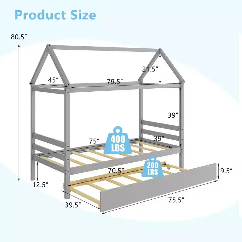 Costway Twin House Bed Frame w/ Trundle Roof Wooden Platform Mattress Foundation