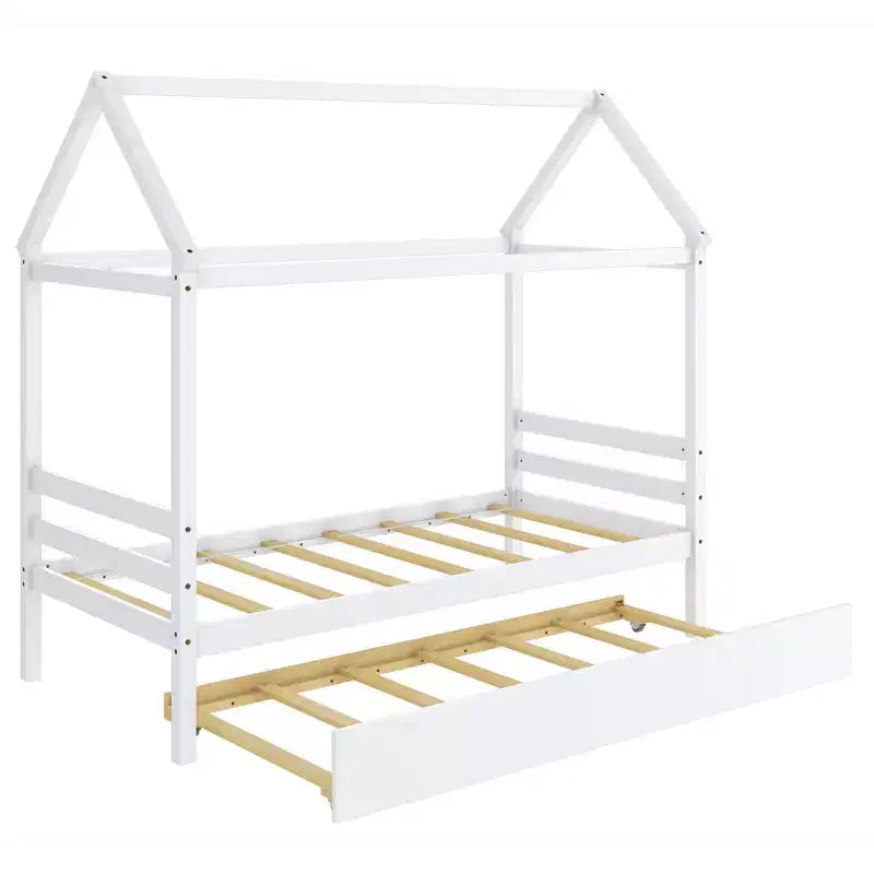 Costway Twin House Bed Frame w/ Trundle Roof Wooden Platform Mattress Foundation