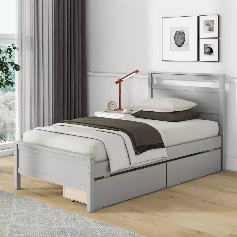 Costway Twin Size Platform Bed w/ Drawers 2 Pull-out Drawers Headboard & Footboard Gray