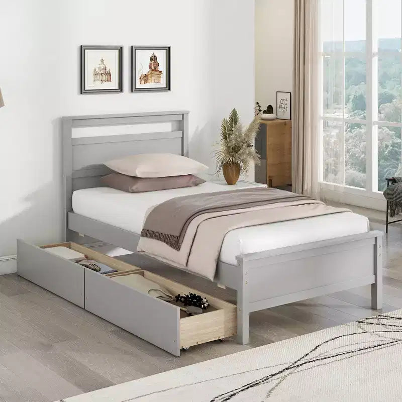 Costway Twin Size Platform Bed w/ Drawers 2 Pull-out Drawers Headboard & Footboard Gray