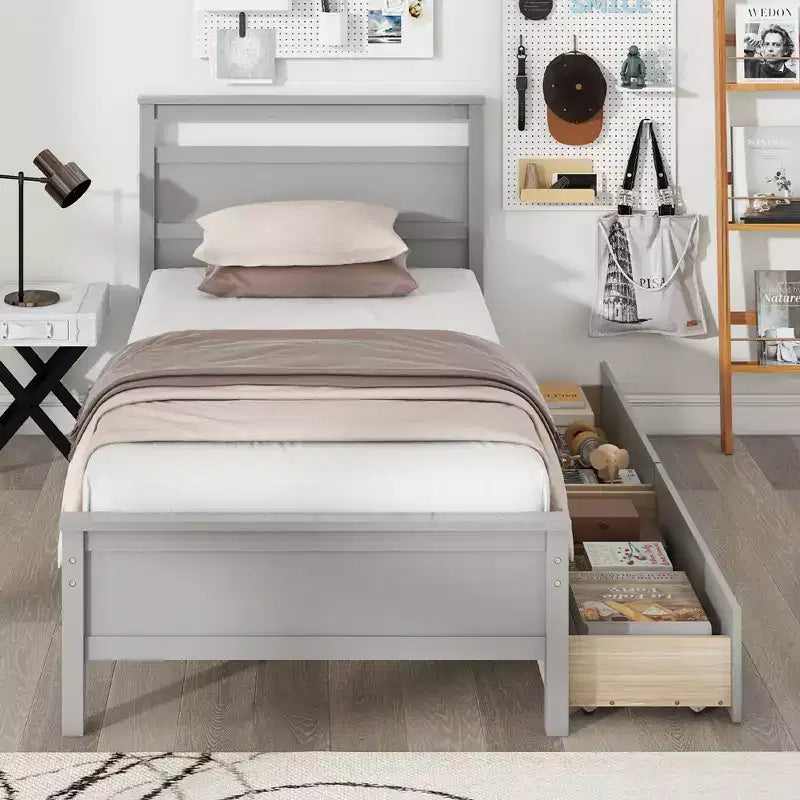 Costway Twin Size Platform Bed w/ Drawers 2 Pull-out Drawers Headboard & Footboard Gray