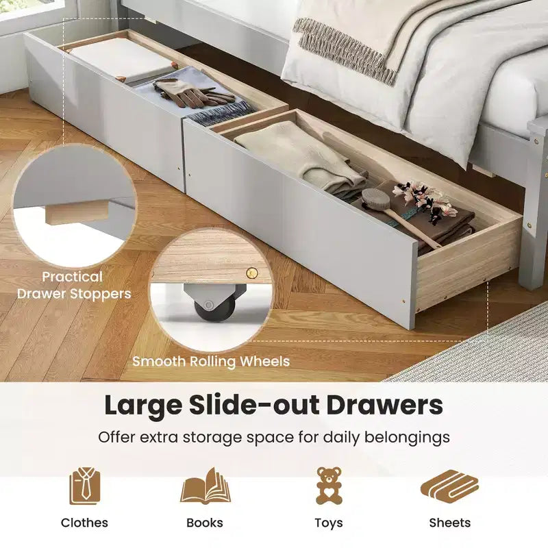 Costway Twin Size Platform Bed w/ Drawers 2 Pull-out Drawers Headboard & Footboard Gray