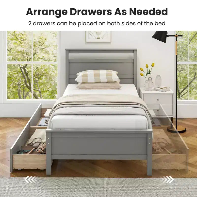 Costway Twin Size Platform Bed w/ Drawers 2 Pull-out Drawers Headboard & Footboard Gray