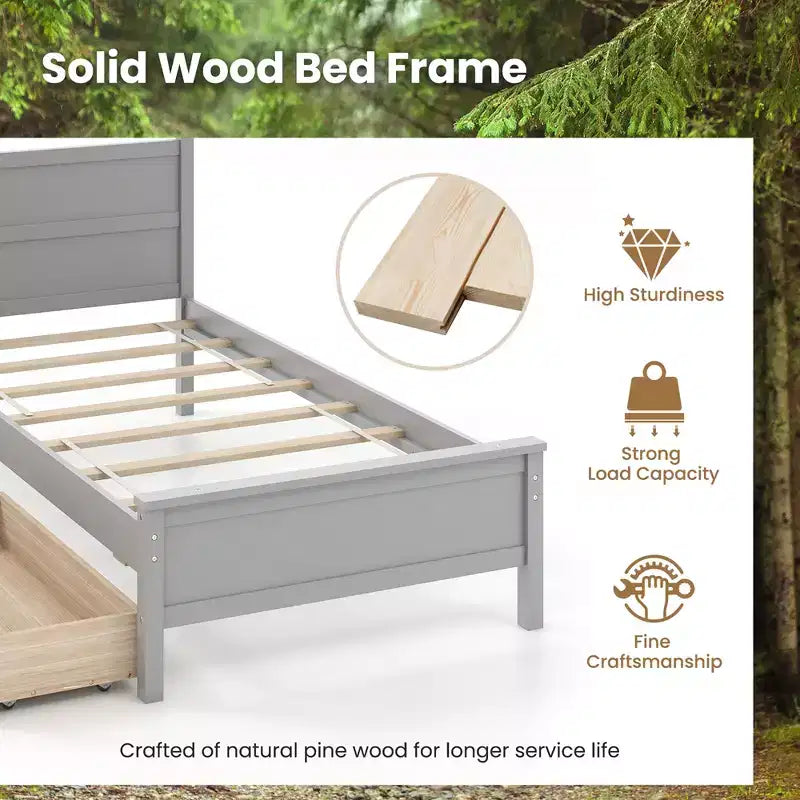 Costway Twin Size Platform Bed w/ Drawers 2 Pull-out Drawers Headboard & Footboard Gray