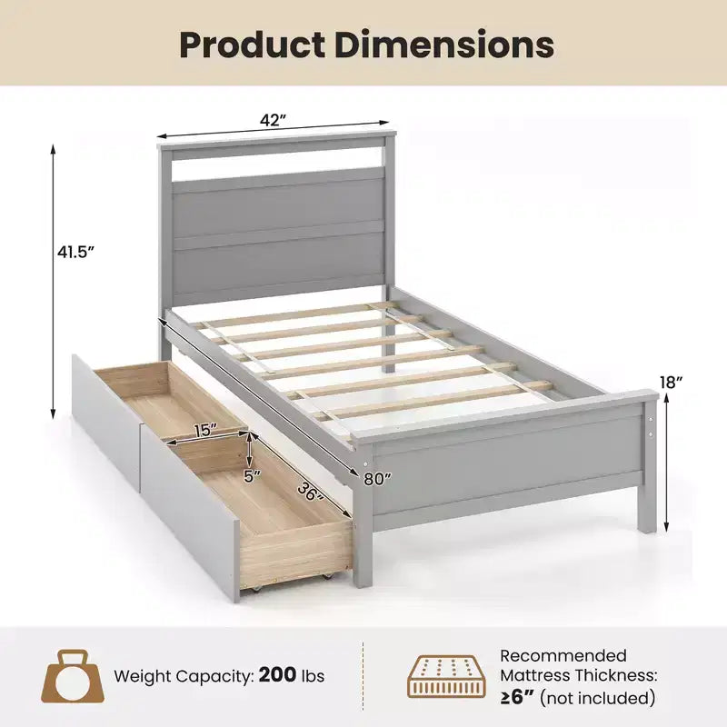 Costway Twin Size Platform Bed w/ Drawers 2 Pull-out Drawers Headboard & Footboard Gray