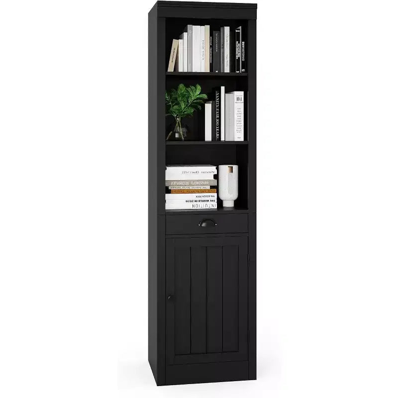 71 inch Tall Bookcase with Drawers & Doors, 3-Tier Open Bookshelf with Adjustable Shelves, Narrow Storage Cabinet for Living Room, Black