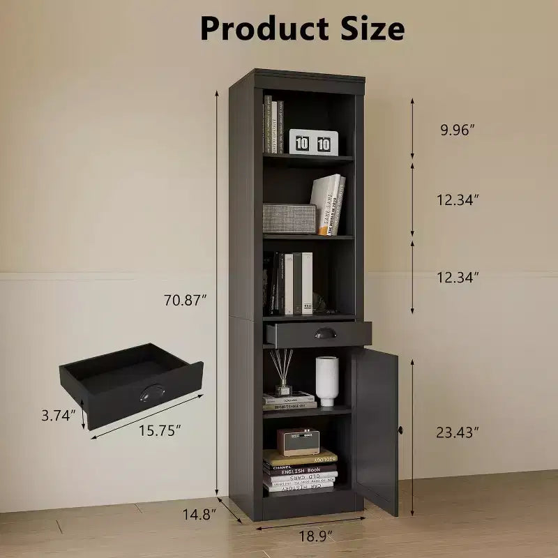 71 inch Tall Bookcase with Drawers & Doors, 3-Tier Open Bookshelf with Adjustable Shelves, Narrow Storage Cabinet for Living Room, Black