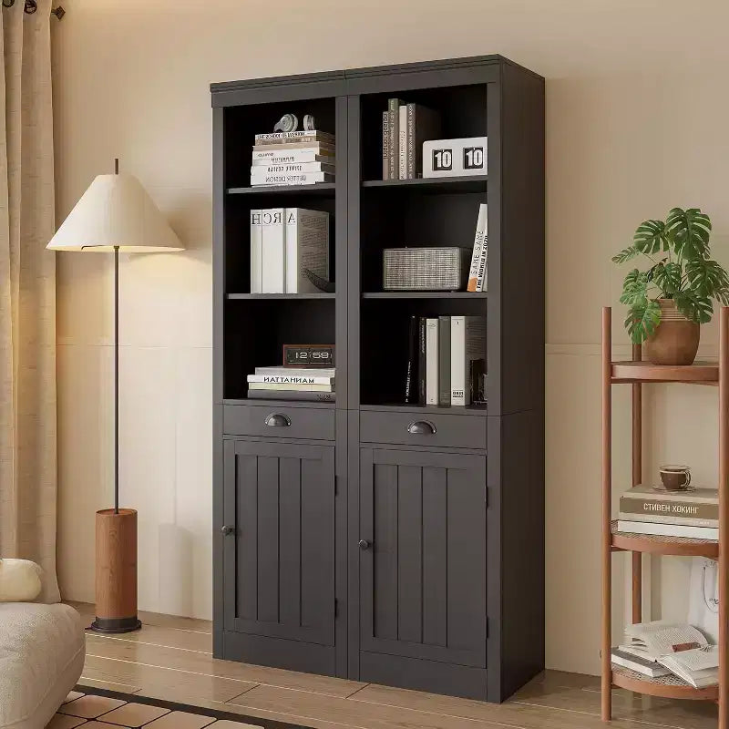 71 inch Tall Bookcase with Drawers & Doors, 3-Tier Open Bookshelf with Adjustable Shelves, Narrow Storage Cabinet for Living Room, Black