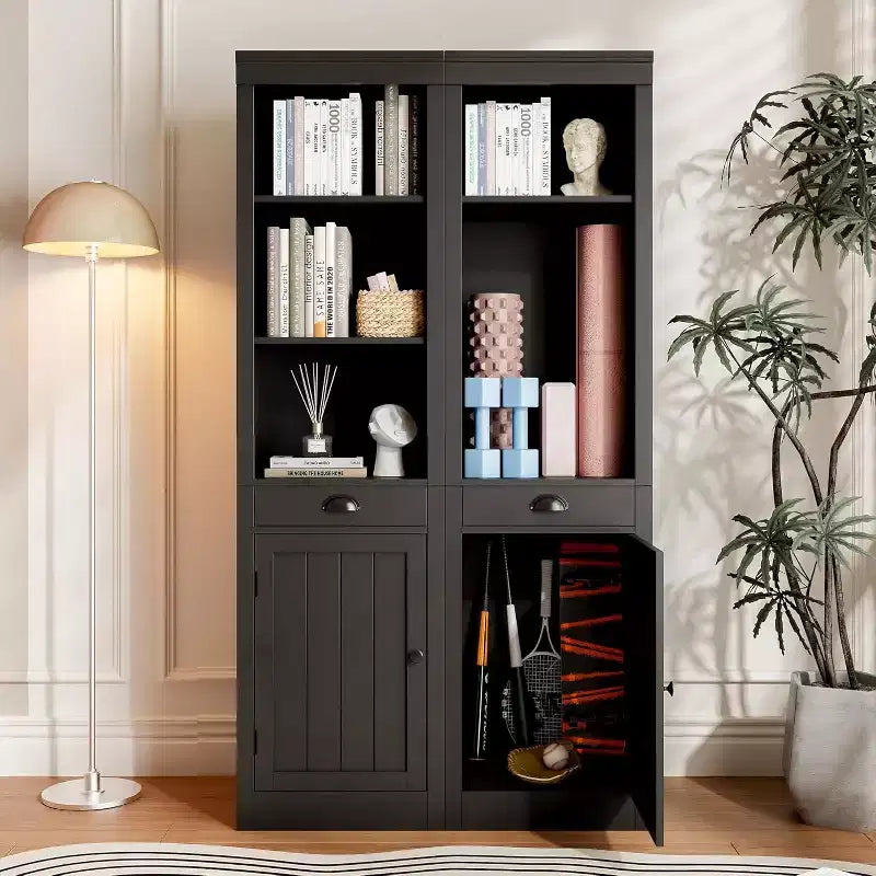 71 inch Tall Bookcase with Drawers & Doors, 3-Tier Open Bookshelf with Adjustable Shelves, Narrow Storage Cabinet for Living Room, Black