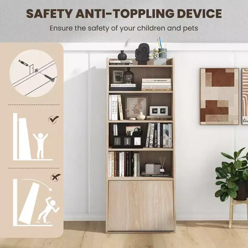 Costway 6-tier Bookcase w/ 2 Adjustable Shelves Filp-up Door 5 Open Shelves Bedroom