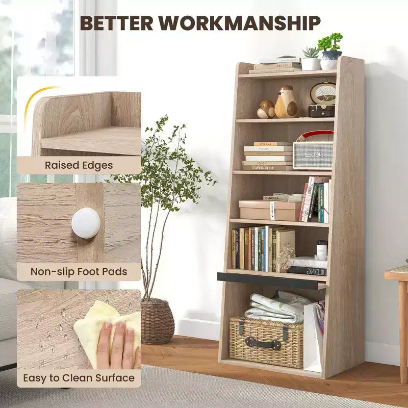 Costway 6-tier Bookcase w/ 2 Adjustable Shelves Filp-up Door 5 Open Shelves Bedroom