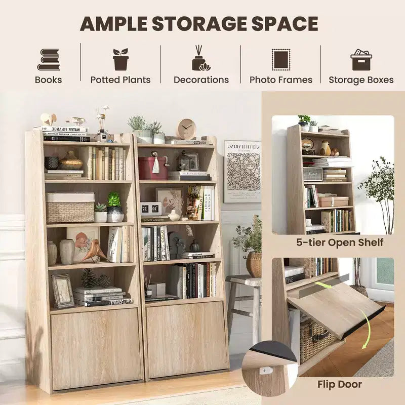 Costway 6-tier Bookcase w/ 2 Adjustable Shelves Filp-up Door 5 Open Shelves Bedroom