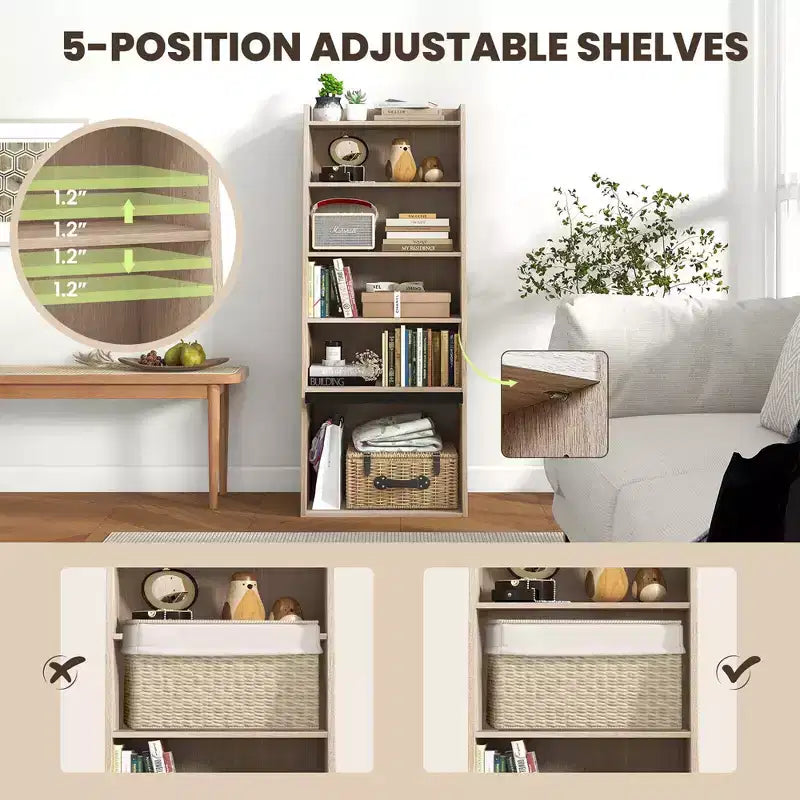 Costway 6-tier Bookcase w/ 2 Adjustable Shelves Filp-up Door 5 Open Shelves Bedroom