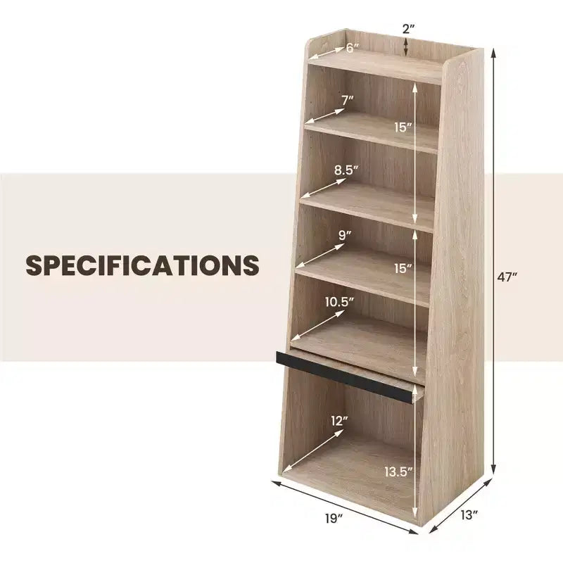 Costway 6-tier Bookcase w/ 2 Adjustable Shelves Filp-up Door 5 Open Shelves Bedroom