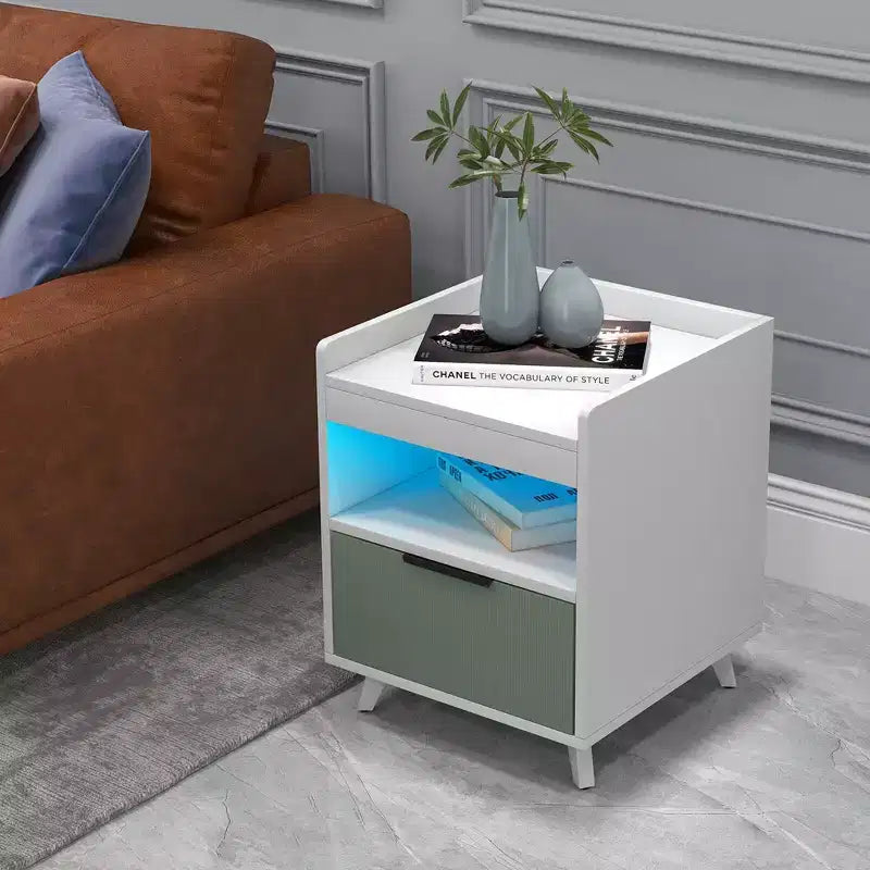 Costway 2PCS Nightstand Modern Beside End Table w/ LED Lights Open Compartment & Drawer