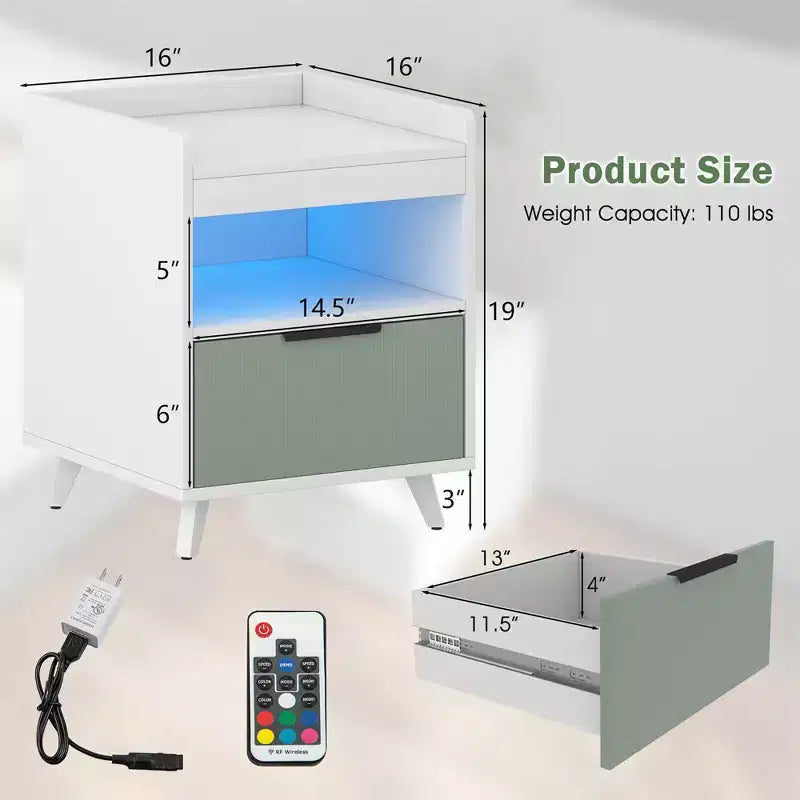 Costway 2PCS Nightstand Modern Beside End Table w/ LED Lights Open Compartment & Drawer
