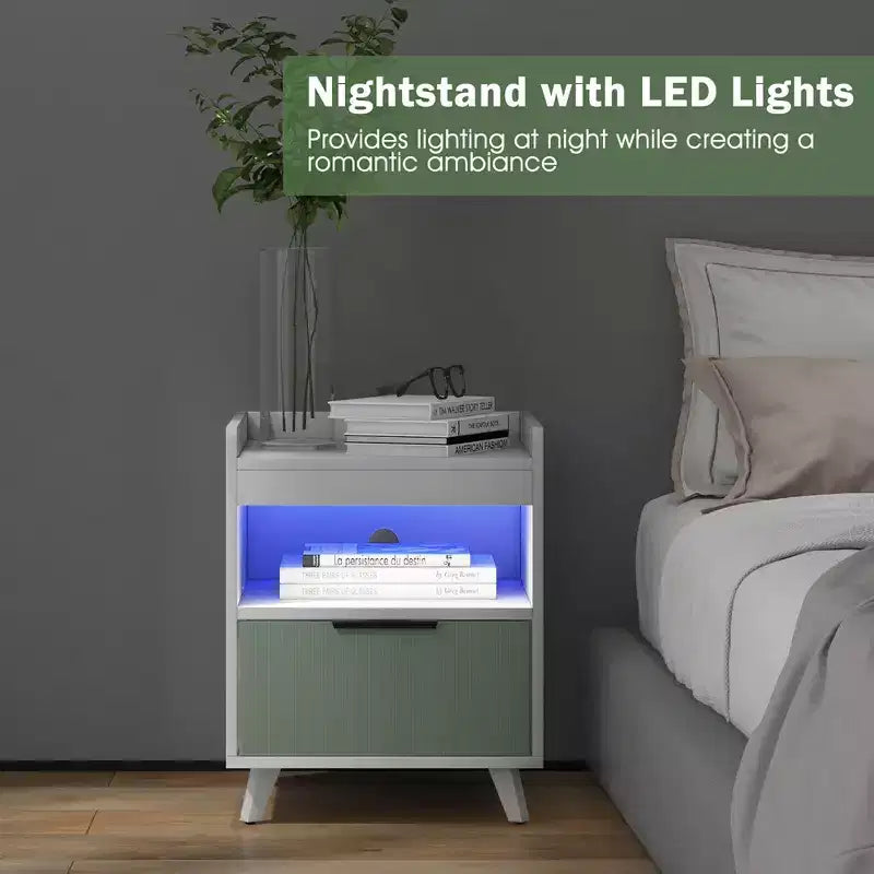 Costway 2PCS Nightstand Modern Beside End Table w/ LED Lights Open Compartment & Drawer