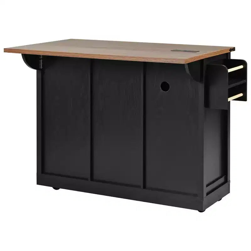 Farmhouse Kitchen Island with Power Outlet, 2 Sliding Barn Door Kitchen Storage Island with Drop Leaf, Rack Rolling Kitchen Cart on Wheels