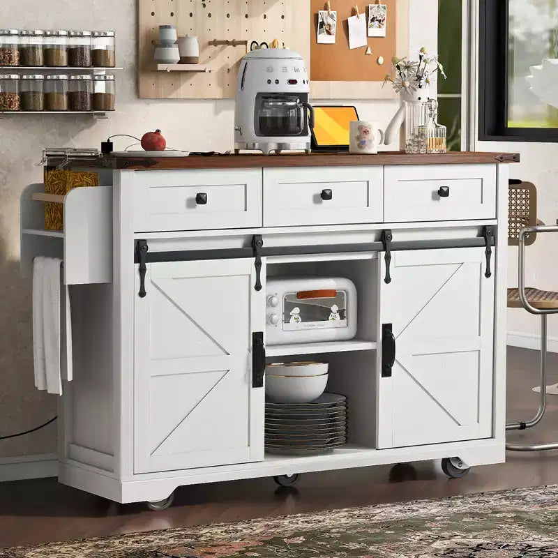 Farmhouse Kitchen Island with Power Outlet, 2 Sliding Barn Door Kitchen Storage Island with Drop Leaf, Rack Rolling Kitchen Cart on Wheels
