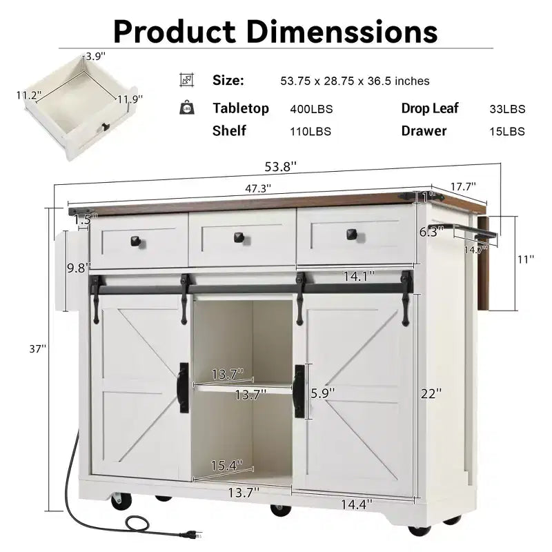 Farmhouse Kitchen Island with Power Outlet, 2 Sliding Barn Door Kitchen Storage Island with Drop Leaf, Rack Rolling Kitchen Cart on Wheels