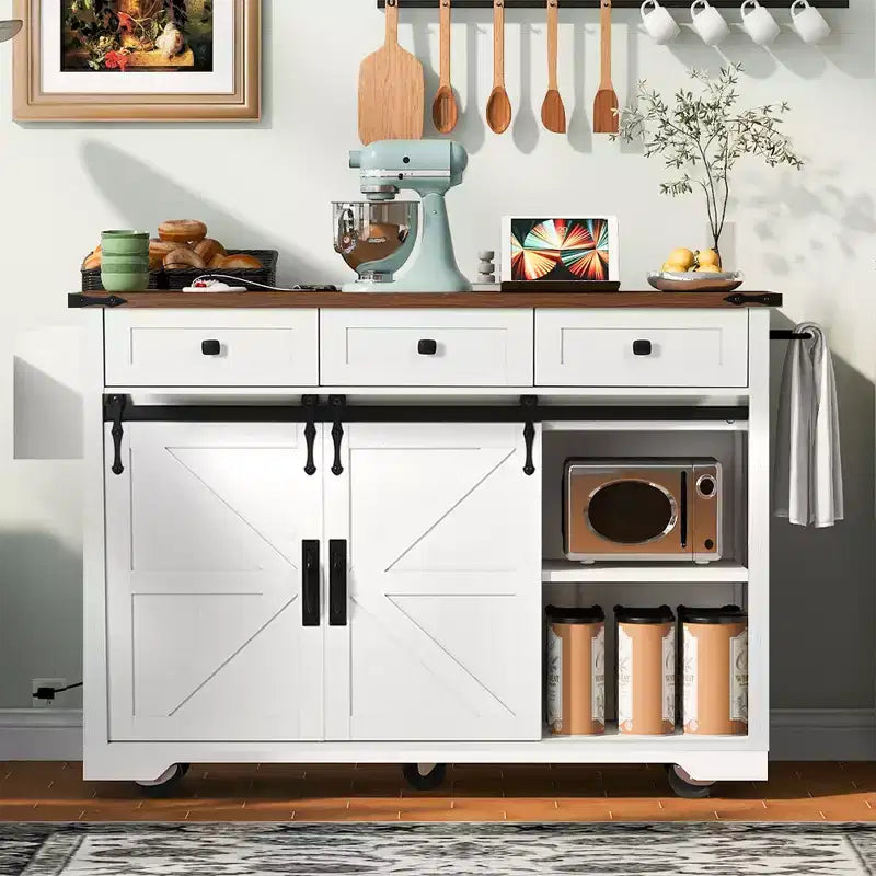 Farmhouse Kitchen Island with Power Outlet, 2 Sliding Barn Door Kitchen Storage Island with Drop Leaf, Rack Rolling Kitchen Cart on Wheels