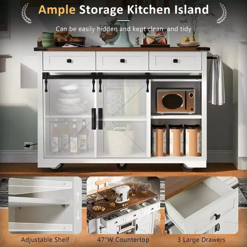 Farmhouse Kitchen Island with Power Outlet, 2 Sliding Barn Door Kitchen Storage Island with Drop Leaf, Rack Rolling Kitchen Cart on Wheels