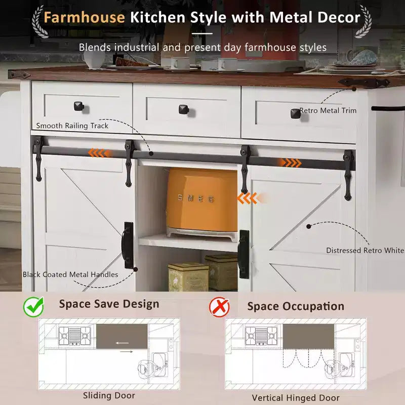 Farmhouse Kitchen Island with Power Outlet, 2 Sliding Barn Door Kitchen Storage Island with Drop Leaf, Rack Rolling Kitchen Cart on Wheels
