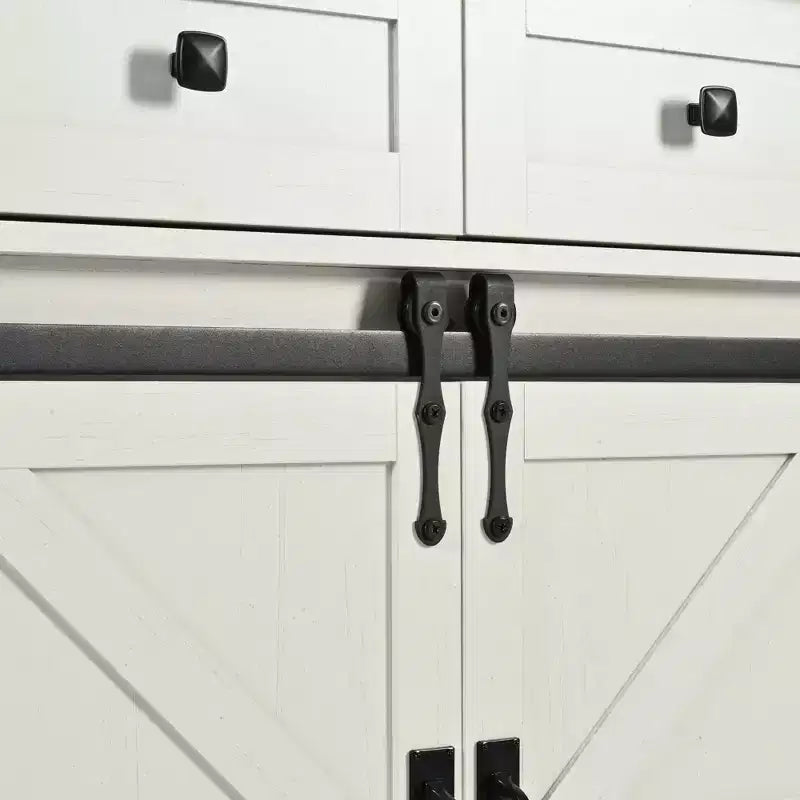 Farmhouse Kitchen Island with Power Outlet, 2 Sliding Barn Door Kitchen Storage Island with Drop Leaf, Rack Rolling Kitchen Cart on Wheels