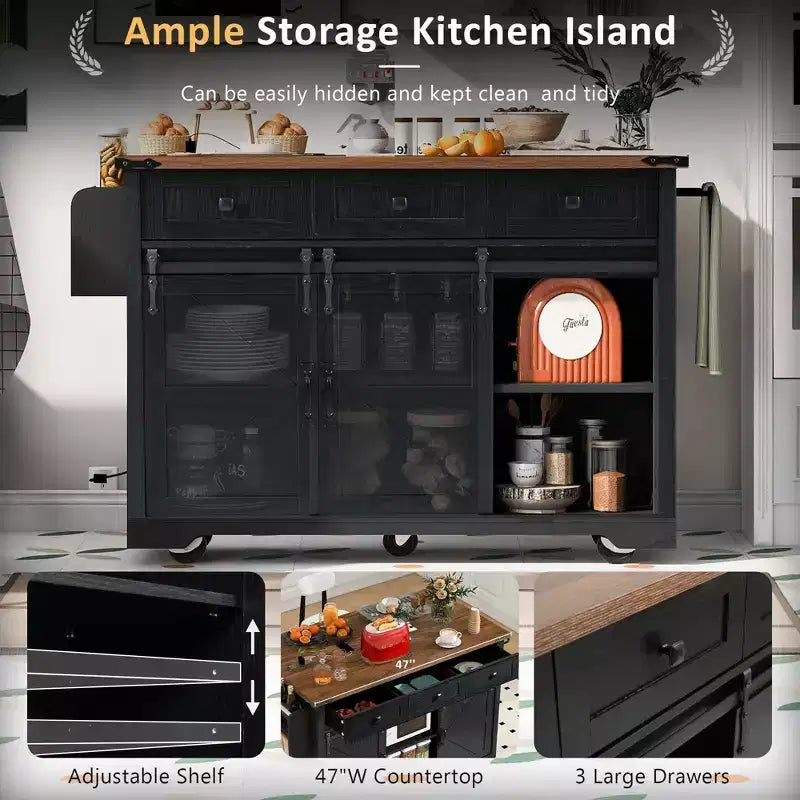 Farmhouse Kitchen Island with Power Outlet, 2 Sliding Barn Door Kitchen Storage Island with Drop Leaf, Rack Rolling Kitchen Cart on Wheels