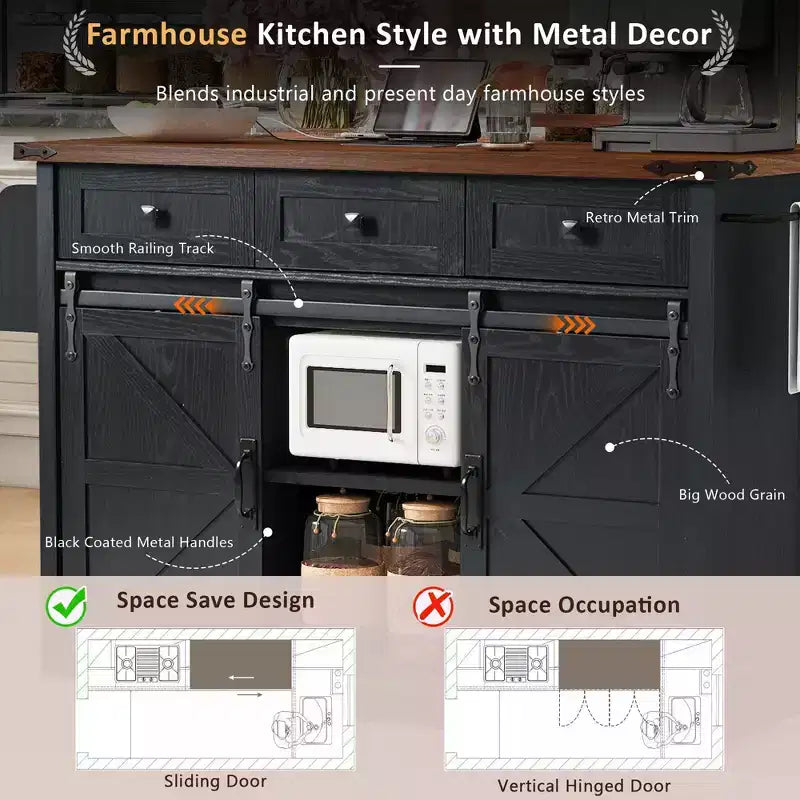 Farmhouse Kitchen Island with Power Outlet, 2 Sliding Barn Door Kitchen Storage Island with Drop Leaf, Rack Rolling Kitchen Cart on Wheels