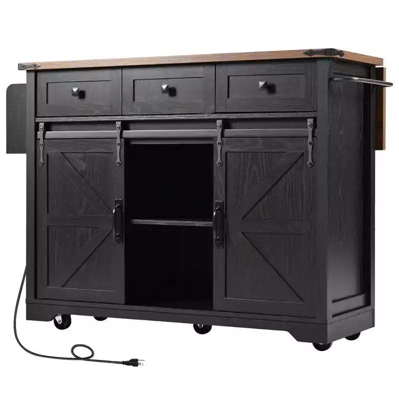 Farmhouse Kitchen Island with Power Outlet, 2 Sliding Barn Door Kitchen Storage Island with Drop Leaf, Rack Rolling Kitchen Cart on Wheels