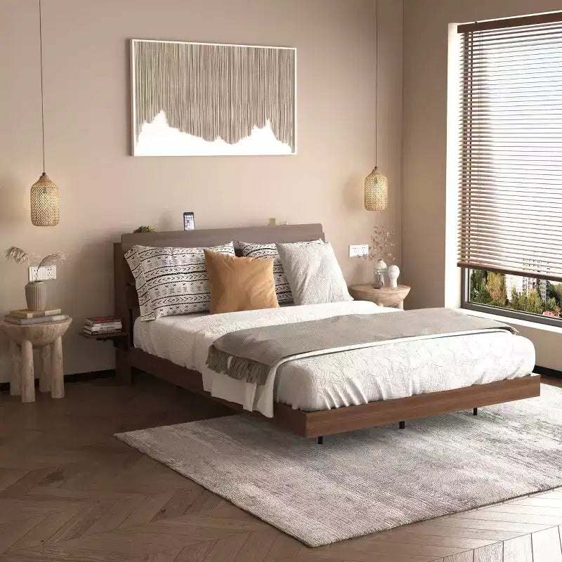 GDFStudio Ulric Modern Wooden Floating Bed Frame with Led Lights and Charging Station