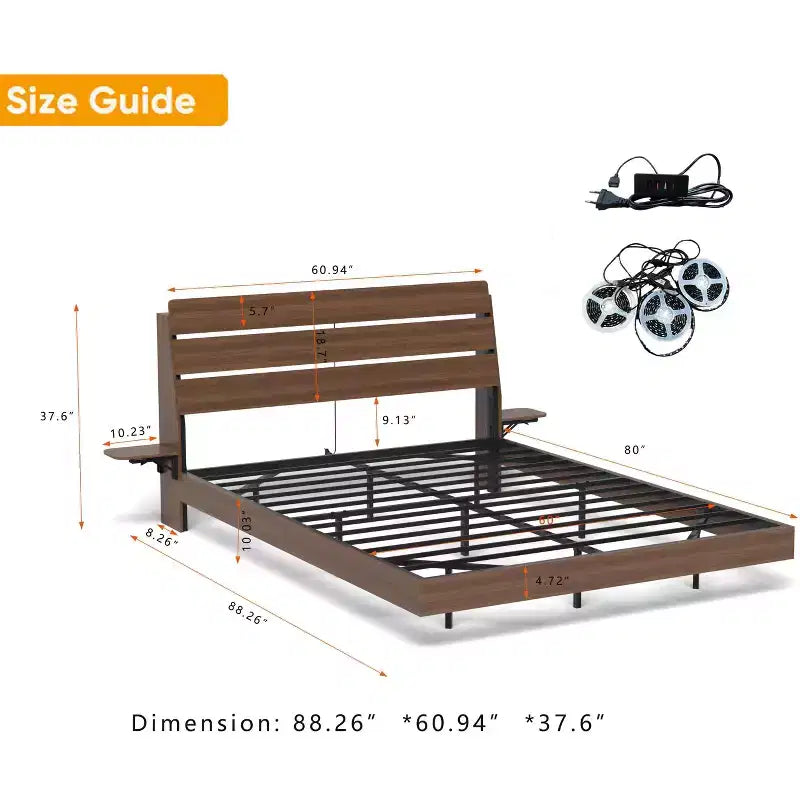 GDFStudio Ulric Modern Wooden Floating Bed Frame with Led Lights and Charging Station