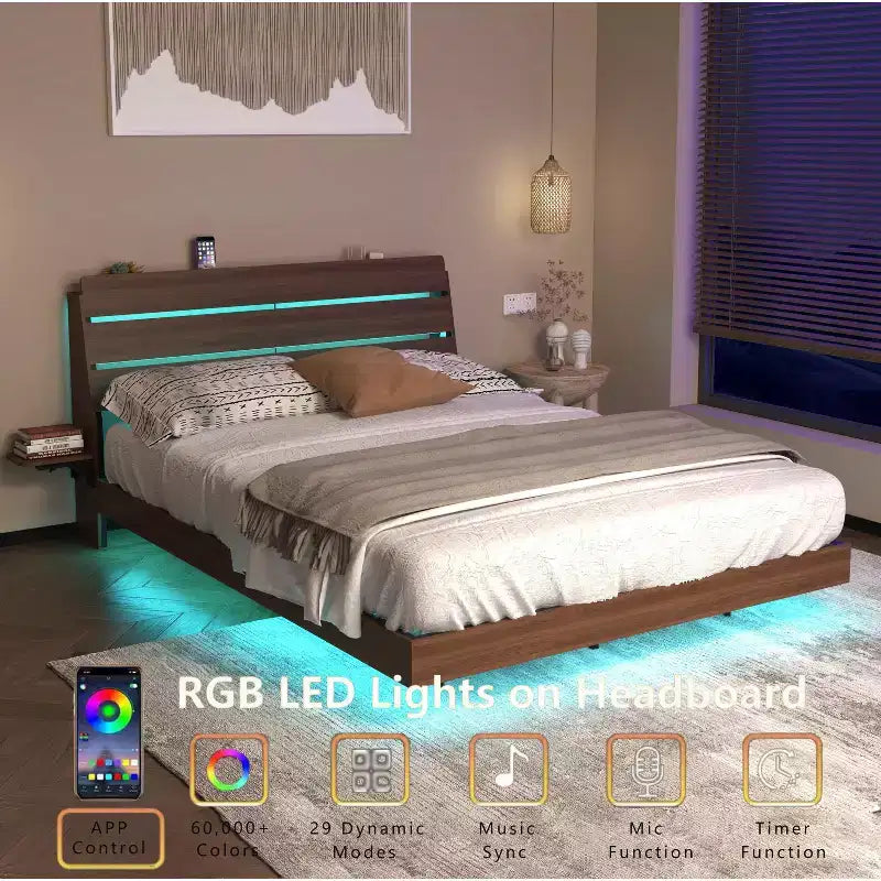 GDFStudio Ulric Modern Wooden Floating Bed Frame with Led Lights and Charging Station