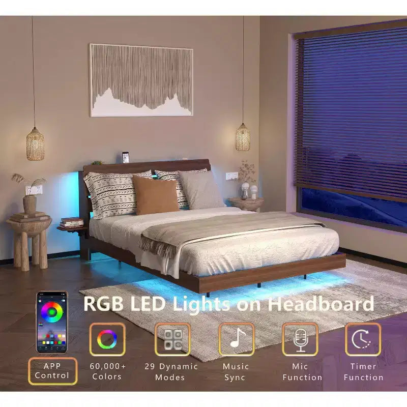 GDFStudio Ulric Modern Wooden Floating Bed Frame with Led Lights and Charging Station