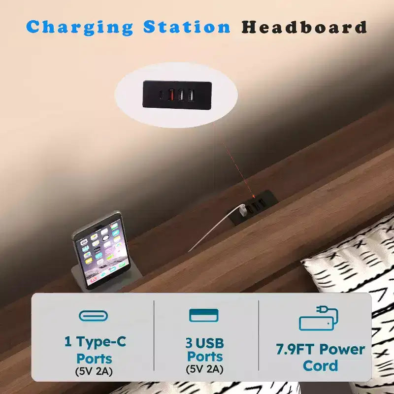 GDFStudio Ulric Modern Wooden Floating Bed Frame with Led Lights and Charging Station