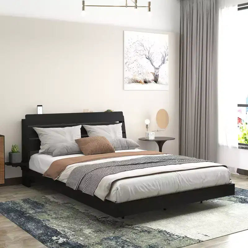 GDFStudio Ulric Modern Wooden Floating Bed Frame with Led Lights and Charging Station