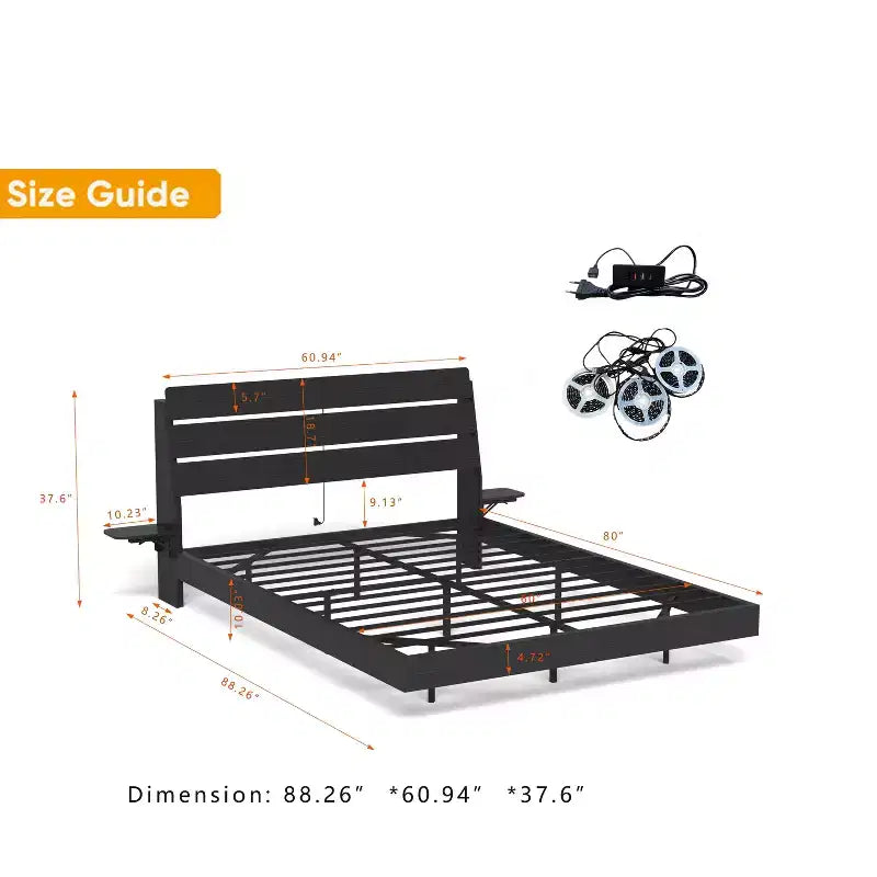 GDFStudio Ulric Modern Wooden Floating Bed Frame with Led Lights and Charging Station