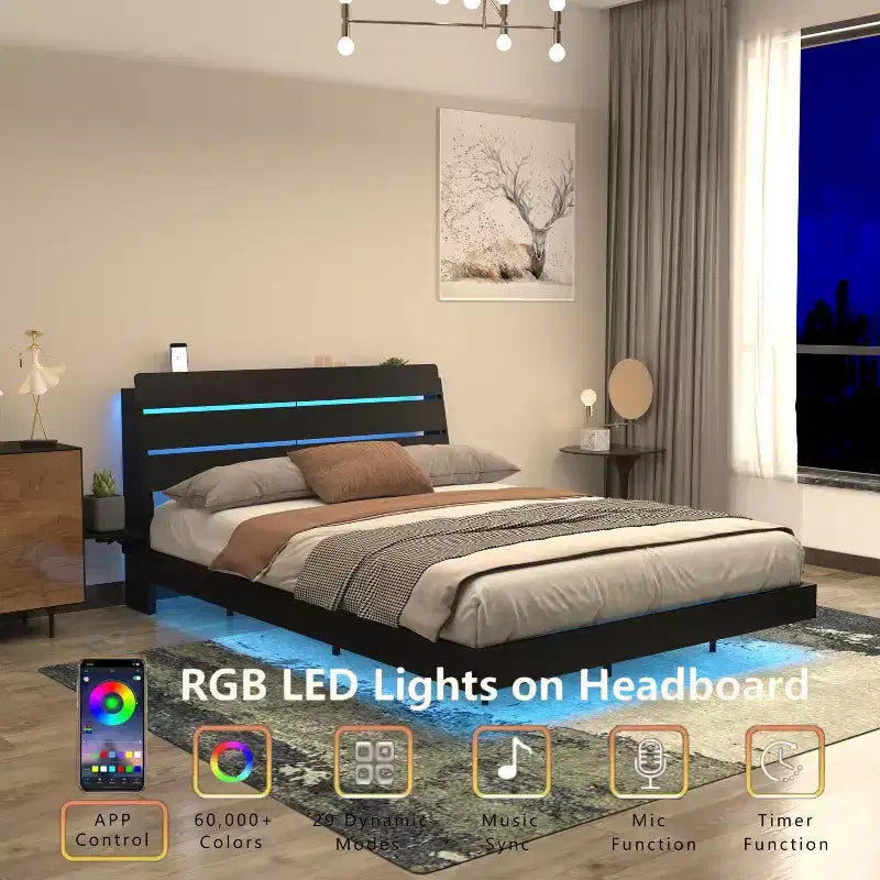 GDFStudio Ulric Modern Wooden Floating Bed Frame with Led Lights and Charging Station