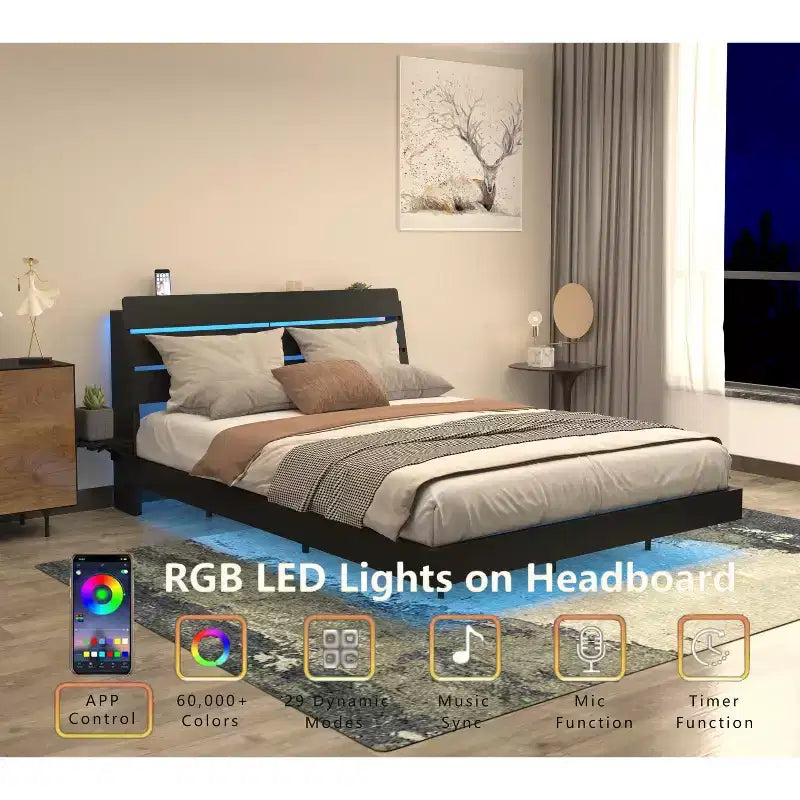 GDFStudio Ulric Modern Wooden Floating Bed Frame with Led Lights and Charging Station